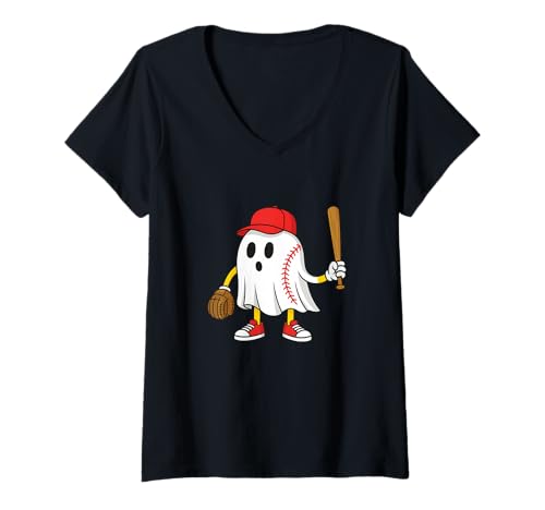 Damen Spooky Baseball Ghost Halloween Costume Baseball Player T-Shirt mit V-Ausschnitt von Baseball Halloween Ghost Novelty Tops ...
