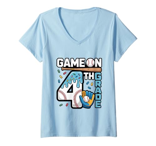 Damen Baseballspiel zum Schulanfang in der 4. Klasse Ice Cream Drip Kid T-Shirt mit V-Ausschnitt von Baseball Ice Cream 4th Grade Kids Boys Toddler