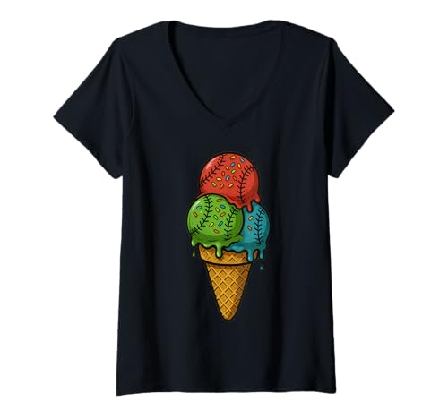 Damen Eiscreme-Baseballkegel Spaß für Sportfans Kinder Sommer T-Shirt mit V-Ausschnitt Damen Eiscreme-Baseballkegel Spaß für Sportfans Kinder Sommer T-Shirt mit V-Ausschnitt von Baseball Ice Cream Cone Fun Design Apparel
