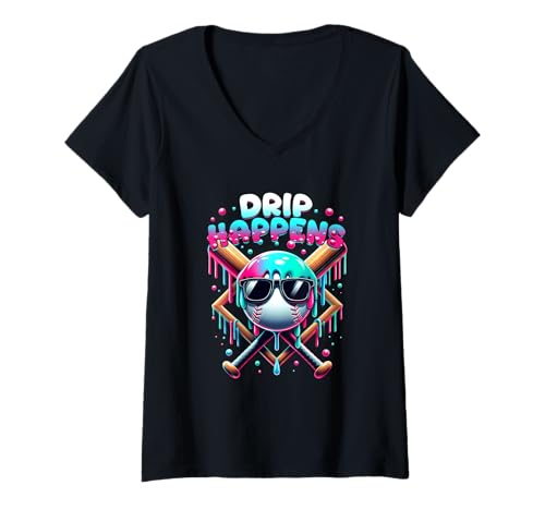 Damen Baseball Lifestyle 101 Drip Happens Baseball Drip Eiscreme T-Shirt mit V-Ausschnitt Damen Baseball Lifestyle 101 Drip Happens Baseball Drip Eiscreme T-Shirt mit V-Ausschnitt von Baseball Life 101 Drip Happens Baseball Drip