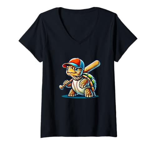 Damen Schildkröte Mit Baseballschläger Lustig T-Shirt mit V-Ausschnitt von Baseball Lustig Schildkröte Sport