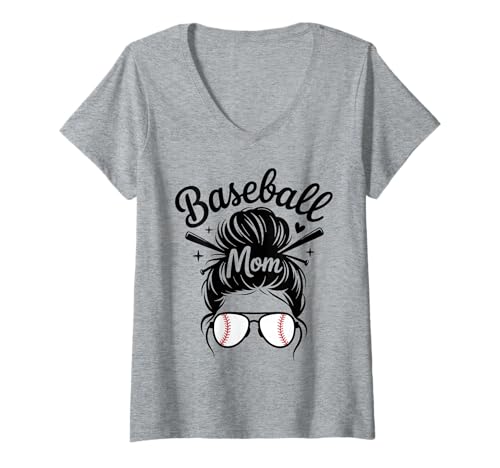Damen Baseball Mom Messy Bun Game Day Fanshirt T-Shirt mit V-Ausschnitt Damen Baseball Mom Messy Bun Game Day Fanshirt T-Shirt mit V-Ausschnitt von Baseball Mom Messy Bun Vibes