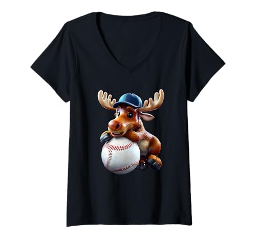 Damen Niedlicher Baseball-Elch, Tiermaskottchen, Fan-Design, Seattle Vibes T-Shirt mit V-Ausschnitt Damen Niedlicher Baseball-Elch, Tiermaskottchen, Fan-Design, Seattle Vibes T-Shirt mit V-Ausschnitt von Baseball Moose Apparel