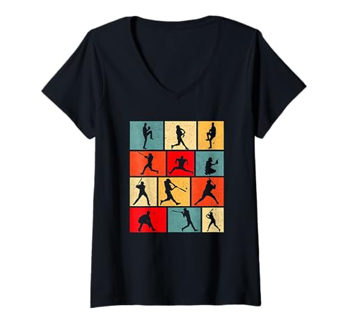 Damen Baseball Motive farbig Retro T-Shirt mit V-Ausschnitt von Baseball Motive Retro farbig