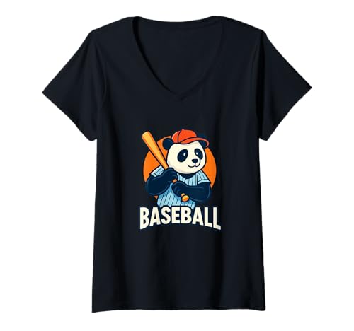 Damen Lustiger Panda Baseball Cartoon Sport Grafik T-Shirt mit V-Ausschnitt Damen Lustiger Panda Baseball Cartoon Sport Grafik T-Shirt mit V-Ausschnitt von Baseball Panda Humor Sports Apparel