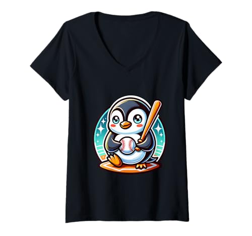 Damen Kleiner Baseball Pinguin Mit Schläger T-Shirt mit V-Ausschnitt Damen Kleiner Baseball Pinguin Mit Schläger T-Shirt mit V-Ausschnitt von Baseball Pinguin Süß Sport Tier Kinder