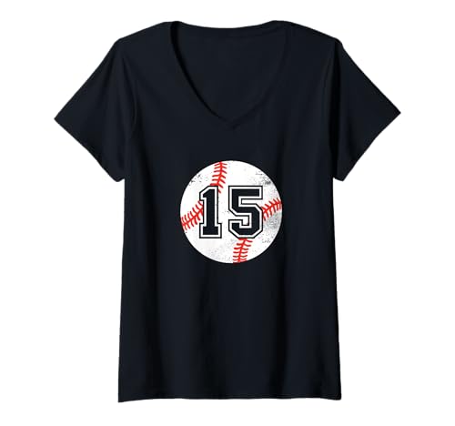 Damen Baseballspieler #15 Baseball Mom Dad Trikot Nummer 15 T-Shirt mit V-Ausschnitt von Baseball Player #15 Baseball Mom Dad Jersey 15