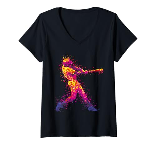 Damen Baseballspieler, buntes Spritz-Silhouetten-Design T-Shirt mit V-Ausschnitt Damen Baseballspieler, buntes Spritz-Silhouetten-Design T-Shirt mit V-Ausschnitt von Baseball Player Colorful Splash Silhouette Shop