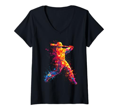 Damen Baseballspieler, buntes Spritz-Silhouetten-Design T-Shirt mit V-Ausschnitt Damen Baseballspieler, buntes Spritz-Silhouetten-Design T-Shirt mit V-Ausschnitt von Baseball Player Colorful Splash Silhouette Shop