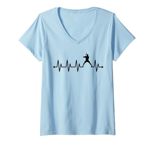 Damen Baseball Batter Hitter Herzschlag EKG Puls T-Shirt mit V-Ausschnitt von Baseball Player Desings for Pitcher & Catcher
