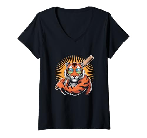 Damen Cooler Tiger Baseball Lustiger Sport Tier Grafik T-Shirt mit V-Ausschnitt Damen Cooler Tiger Baseball Lustiger Sport Tier Grafik T-Shirt mit V-Ausschnitt von Baseball Player Funny Tiger Lover - DressedForDuty