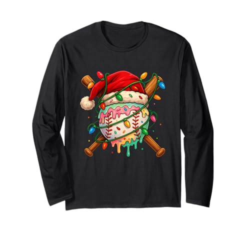 Baseball Weihnachten Eiscreme Weihnachtsmannmütze Lichter Männer Kind Familie Langarmshirt von Baseball Player Ice Cream For Christmas