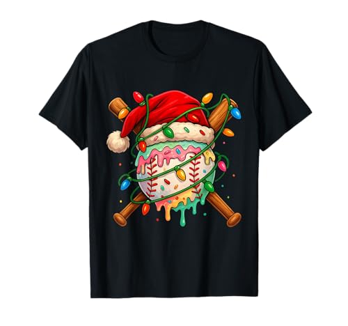 Baseball Weihnachten Eiscreme Weihnachtsmannmütze Lichter Männer Kind Familie T-Shirt von Baseball Player Ice Cream For Christmas