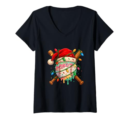 Damen Baseball Weihnachten Eiscreme Weihnachtsmannmütze Lichter Männer Kind Familie T-Shirt mit V-Ausschnitt von Baseball Player Ice Cream For Christmas