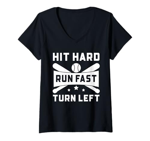 Damen Baseball Lustiger Hit Hard Run Schnell Links abbiegen T-Shirt mit V-Ausschnitt von Baseball Player Shirt Apparel