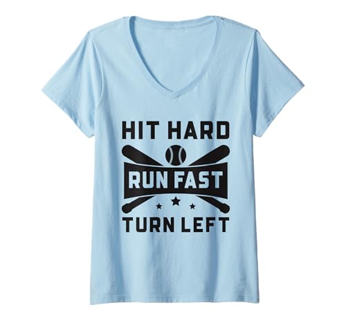 Damen Baseball Lustiger Hit Hard Run Schnell Links abbiegen T-Shirt mit V-Ausschnitt von Baseball Player Shirt Apparel