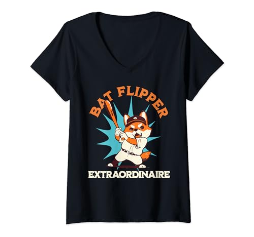 Damen Lustige Fledermaus-Flipper Extraordinaire Shiba Inu T-Shirt mit V-Ausschnitt von Baseball Player Swag
