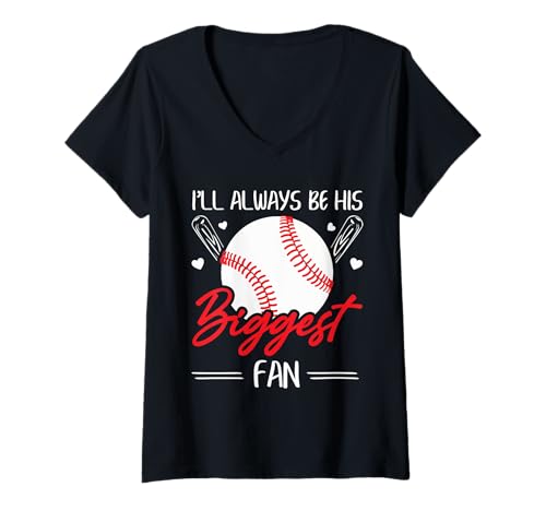 Damen Baseball Mama Papa Ich Bin Immer Sein größter Fan T-Shirt mit V-Ausschnitt von Baseball Softball Dad Mom Shirts