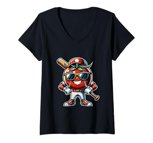 Damen Baseball Tomate Mit Schläger Und Sonnenbrille T-Shirt mit V-Ausschnitt von Baseball Tomate Spaß Spieler Charakter Design