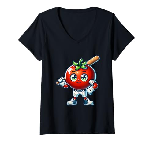 Damen Baseball Tomate Spieler Mit Schläger T-Shirt mit V-Ausschnitt Damen Baseball Tomate Spieler Mit Schläger T-Shirt mit V-Ausschnitt von Baseball Tomate Spieler Comic Art