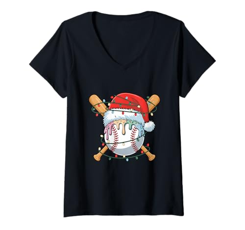 Damen Weihnachts-Baseballspieler, Eiscreme-Weihnachtsmann für Männer und Jungen T-Shirt mit V-Ausschnitt von Baseball Xmas Ice Cream Dripping