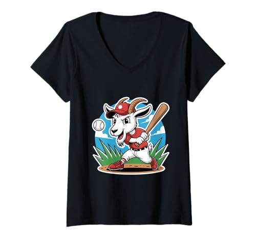 Damen Ziegen Goat Baseball Batter Cartoon Spieltag T-Shirt mit V-Ausschnitt Damen Ziegen Goat Baseball Batter Cartoon Spieltag T-Shirt mit V-Ausschnitt von Baseball Ziege GOAT Cartoon Teamspieler