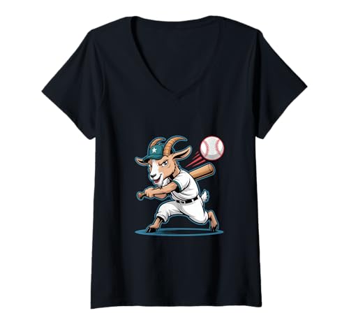Damen Homerun Ziege Baseball Batter Cartoon Goat T-Shirt mit V-Ausschnitt Damen Homerun Ziege Baseball Batter Cartoon Goat T-Shirt mit V-Ausschnitt von Baseball Ziege GOAT Maskottchen Team Sport