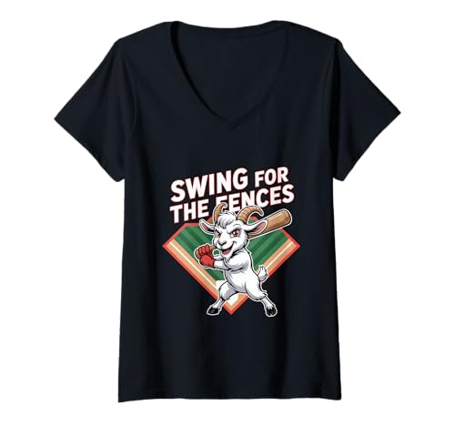 Damen Swing for The Fences Baseball Ziege Homerun T-Shirt mit V-Ausschnitt Damen Swing for The Fences Baseball Ziege Homerun T-Shirt mit V-Ausschnitt von Baseball Ziege Maskottchen Homerun Power