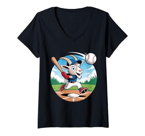 Damen Ziegen Baseball Spieler Home Run Stadion Spass T-Shirt mit V-Ausschnitt von Baseball Ziege Maskottchen Spieler Team Kinder