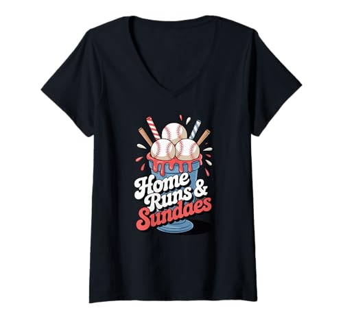 Damen Home Runs and Sundaes Baseball-Liebhaber Sommer Dessert T-Shirt mit V-Ausschnitt von Baseball-fan Eisbecher-liebhaber Foodie-motive