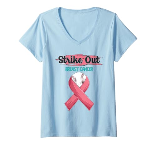 Damen Baseball Strike Out Brustkrebs-Bewusstsein rosa Band T-Shirt mit V-Ausschnitt Damen Baseball Strike Out Brustkrebs-Bewusstsein rosa Band T-Shirt mit V-Ausschnitt von Baseball & Breast Cancer Awareness Apparel Co.