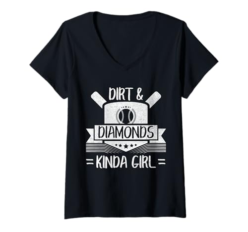 Damen Lustiger niedlicher Baseball-Softball-Heimteller Kinda Girl T-Shirt mit V-Ausschnitt von Baseball & Softball Girl Co.