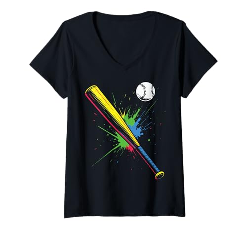 Damen Baseballschläger Bunt Baseball T-Shirt mit V-Ausschnitt Damen Baseballschläger Bunt Baseball T-Shirt mit V-Ausschnitt von Baseballspieler Athlet