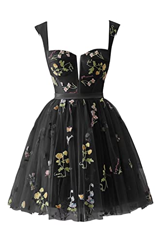 Basgute Blumenstickerei Kurzes Tüll Homecoming Kleid für Teenager, Korsett Mini Prom Kleid, Feenhaftes Formelles Party Abendkleid., Kurzschwarz, 50 Mehr von Basgute