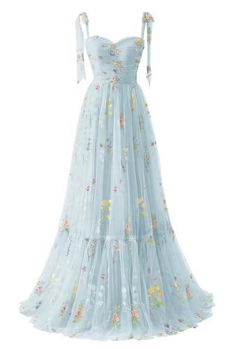 Basgute Ballkleider aus Tüll, für Damen, lang, mit Blumenstickerei, Korsett, Spaghettiträgern, Rüschen, Feen-Look, formelles Abendkleid, Partykleid, 36 von Basgute