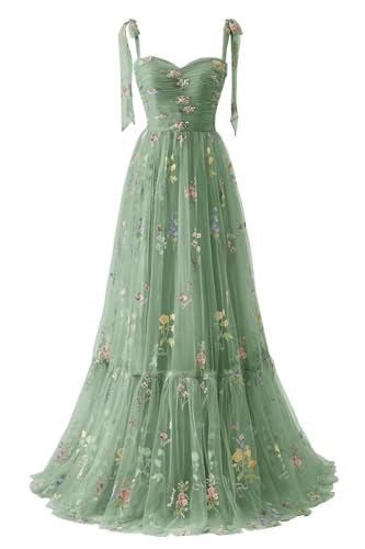 Basgute Ballkleider aus Tüll, für Damen, lang, mit Blumenstickerei, Korsett, Spaghettiträgern, Rüschen, Feen-Look, formelles Abendkleid, Partykleid, 40 von Basgute