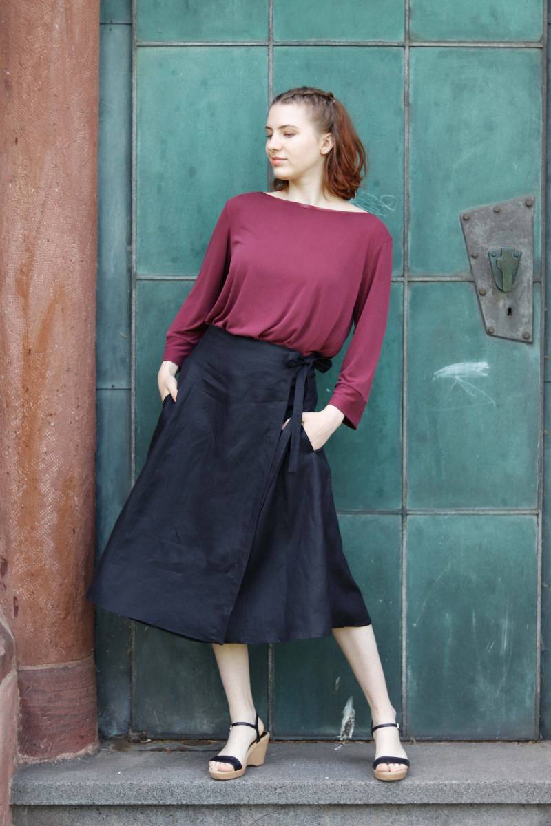 Wickelrock Leinen Mit Taschen Schwarz von BasiaKollek