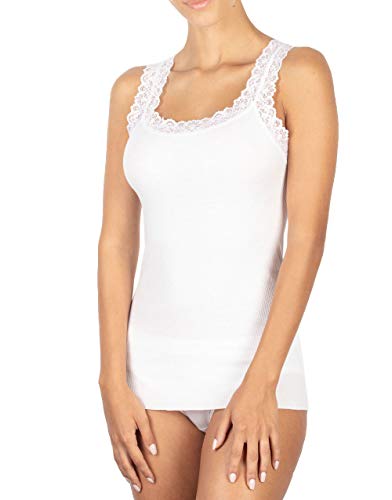 Basic Cotton Tanktop für Damen, Schulter aus reiner Baumwolle, gerippt mit Spitze an Ausschnitt und Ärmeln, plissierter Rand an der Taille, Weiß, S-M von Basic Cotton