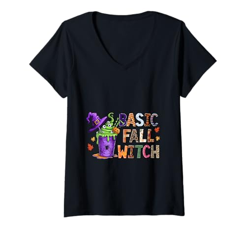 Damen Basic Herbst Hexe Shirt Cute Halloween Herbst Kaffee T-Shirt mit V-Ausschnitt von Basic Fall Witch Tee Shirts for Pumpkin Lovers