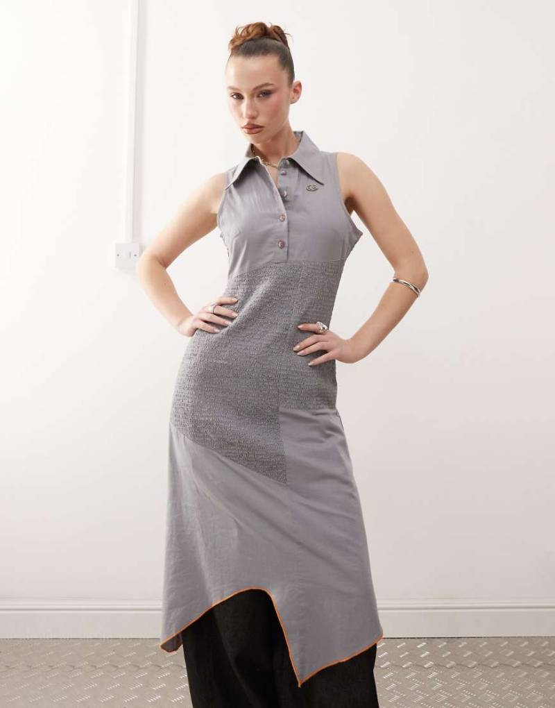 Basic Pleasure Mode - Gesmoktes Hemdblusenkleid in Grau mit Bahnen-Design-Bunt von Basic Pleasure Mode