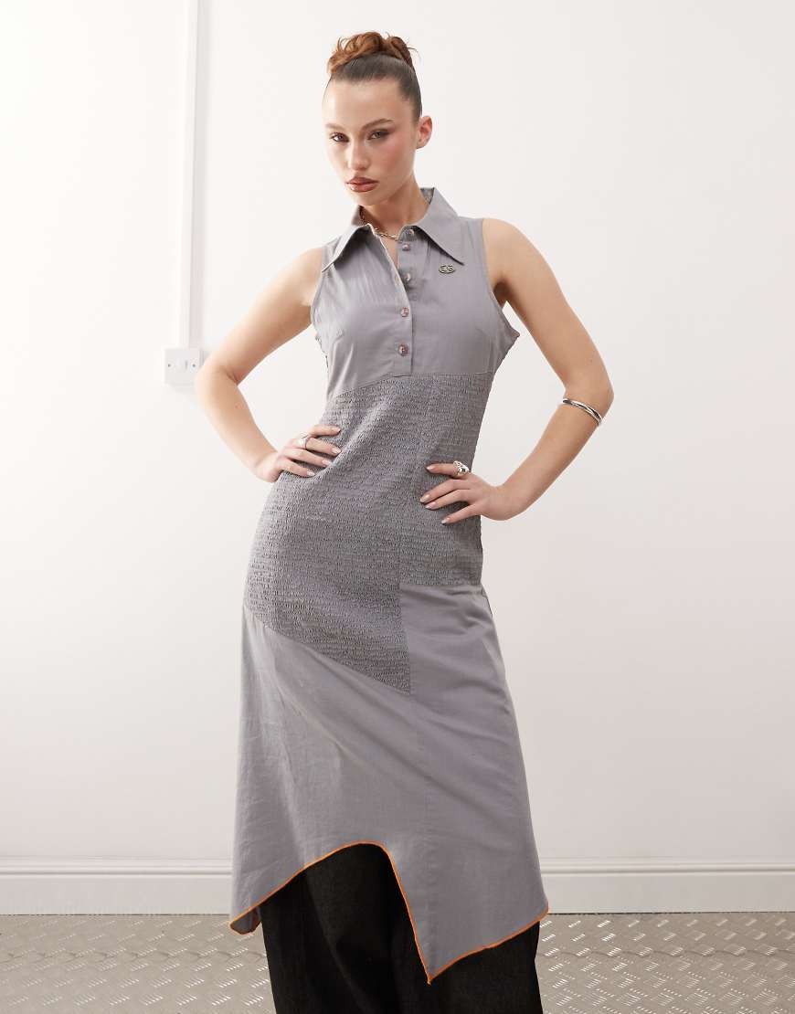 Basic Pleasure Mode - Gesmoktes Hemdblusenkleid in Grau mit Bahnen-Design-Bunt Basic Pleasure Mode - Gesmoktes Hemdblusenkleid in Grau mit Bahnen-Design-Bunt von Basic Pleasure Mode
