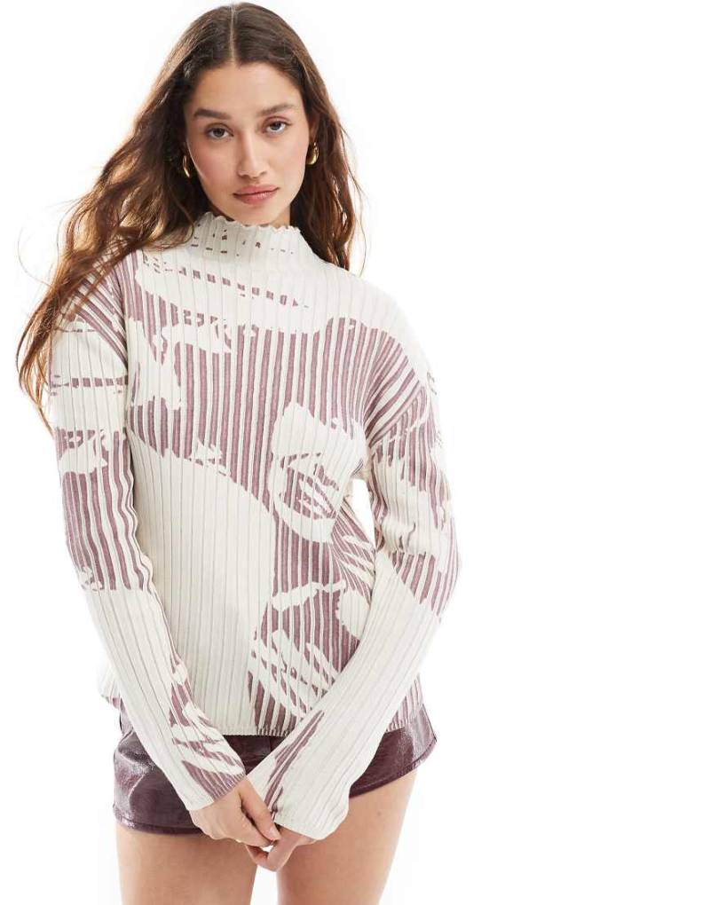 Basic Pleasure Mode - Talia - Langärmliger, gerippter Strickpullover mit mehrfarbigem Muster-Bunt von Basic Pleasure Mode