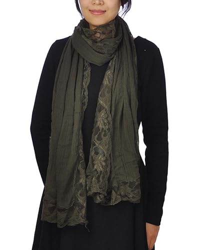 Basic Sense Großer Baumwollschal mit zartem Spitzenbesatz, übergroßer Schal, leicht und vielseitig einsetzbar, hunter green, One size von Basic Sense