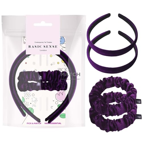Basic Sense Samt-Haarband und Haargummi-Set für Mädchen, Uniform, passend zu Haar-Accessoires, Violett von Basic Sense