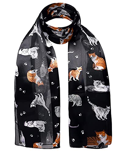 BasicSense Schal mit Katzendruck, leicht, Satin, seidig gestreift, Schwarz , One size von Basic Sense