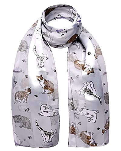 BasicSense Schal mit Katzendruck, leicht, Satin, seidig gestreift, grau, One size von Basic Sense