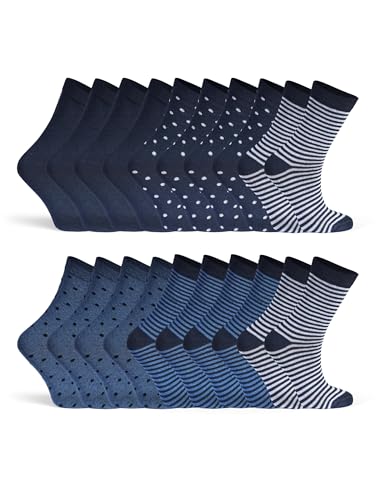 Basic Treasure 10 Paar Süsse Damensocken mit Streifen und Punkten Baumwolle, Bunte Damen socken (DE/NL/SE/PL, Numerisch, 35, 38, Regular, Regular, Blau Mix) von Basic Treasure