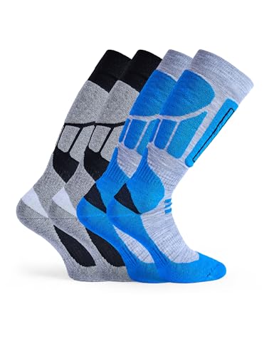 Basic Treasure 2er Pack Skisocken Herren 43-46 Schwarz/Blau, Warm und Lang Skistrümpfe, Ski Socken, Extra Starke Polsterung, Skisocken für herren und Damen von Basic Treasure