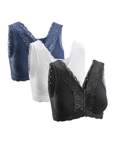 Basic Treasure 3er Pack Seamless Komfort BH mit Reißverschluss, BH ohne Bügel Vorderverschluss, Starker Halt Bustier (M - Weiß, Schwarz, Blau) von Basic Treasure