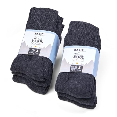 Basic Treasure 6 Paar Wollsocken, Weiche & Warme Wandersocken, Wolle Socken, Wool Socks, Trekking, Funktionssocken, Wintersocken (47/49, Schwarz) von Basic Treasure